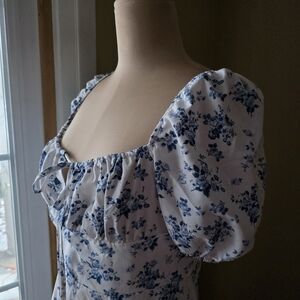 SHEIN Blue & White Floral Puff Sleeve Square Neck Maxi Dress | Size Large